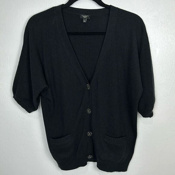 Talbots Cashmere Blend Black Short Sleeve Jeweled-Button Cardigan Sweater Size L - Picture 2 of 9